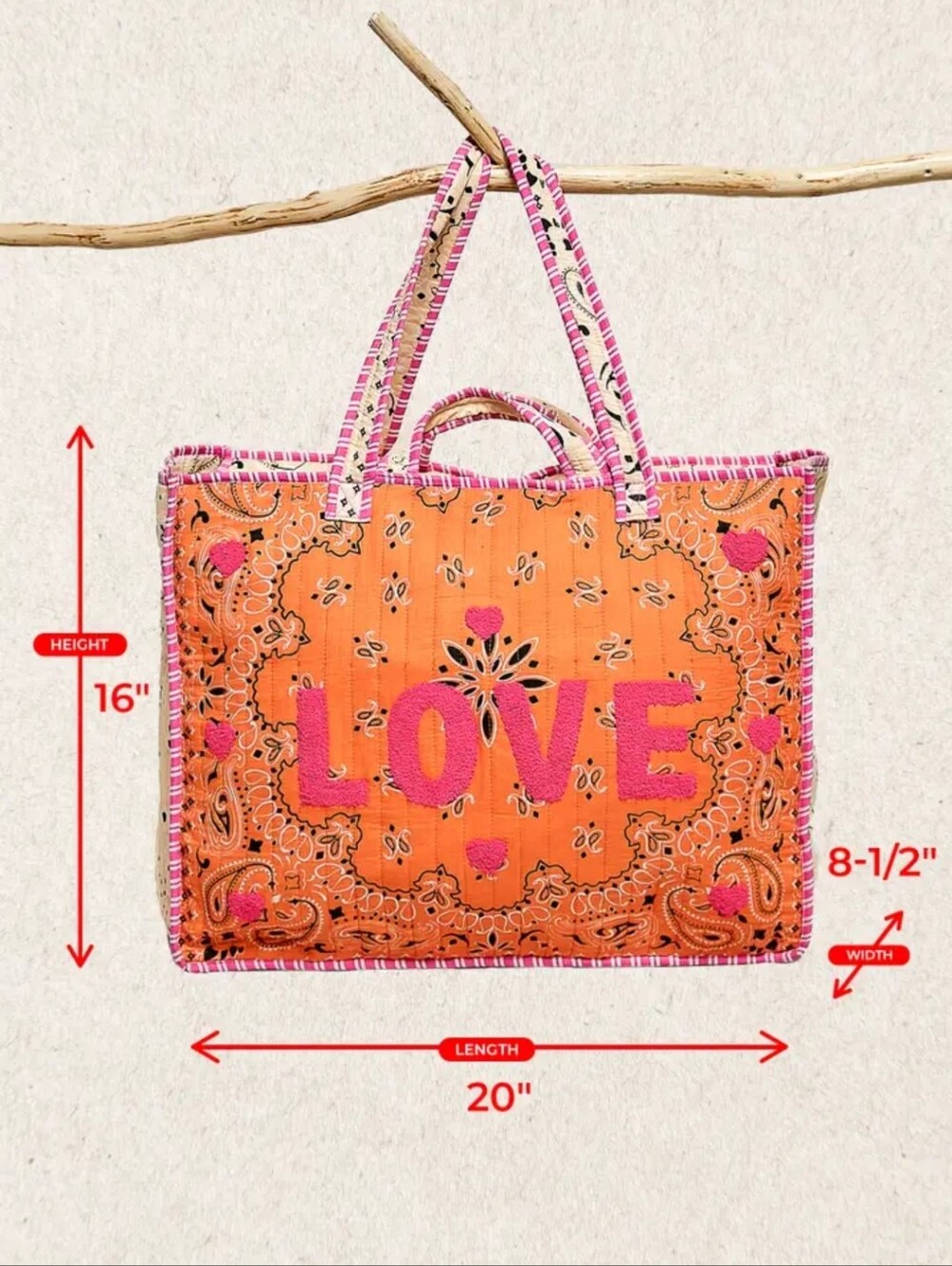 POL LOVE Bandana Quilted Tote Bag Textured Print In Orange/Pink Large NWT $98 - Picture 13 of 15